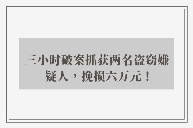 三小时破案抓获两名盗窃嫌疑人，挽损六万元！